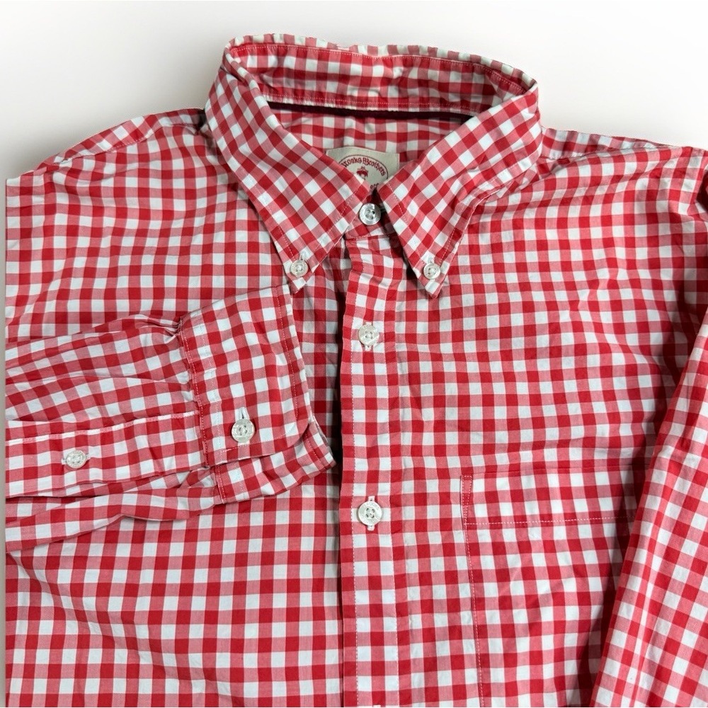 Brooks Brothers Red Fleece Button Shirt L/S Red White Gingham Plaid Size‎ Large